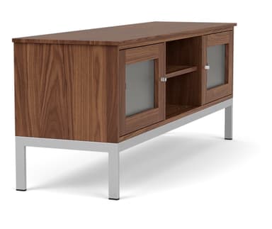 A low-profile cabinet with a rectangular top, featuring two cabinet doors with frosted glass inserts and silver-toned handles. The central section has an open shelf. The cabinet is supported by four sleek, silver-toned metal legs. — 3D model