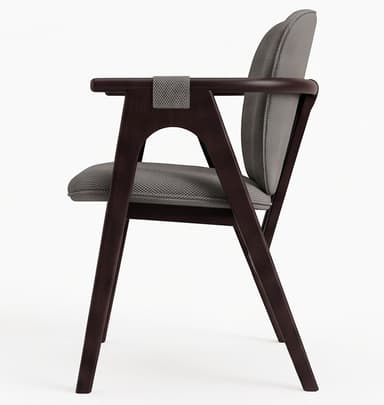 An overhead view of a contemporary armchair featuring a dark stained bentwood frame and grey upholstered seat and backrest. The design is sleek and modern, with the frame forming continuous armrests and supporting the padded elements. — 3D model