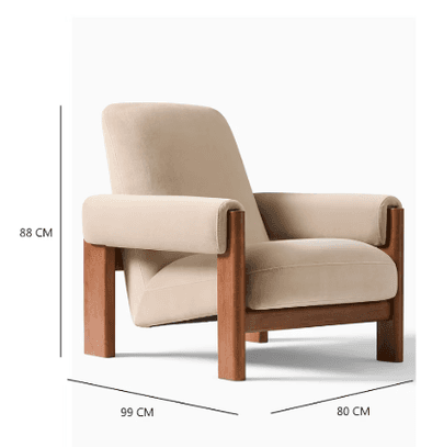 A single armchair with a wooden frame and upholstered cushioning. The armchair has a reclined backrest, wide armrests, and a seat cushion. The wooden frame appears to be constructed from solid wood with a warm brown finish, forming the legs and structural supports. The upholstery is a light beige or cream color, with a soft texture visible. — 3D model