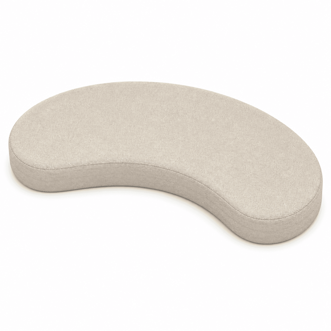 A crescent-shaped, fully upholstered bench or ottoman in a light beige, textured fabric, designed with a smooth, continuous surface without visible legs or seams, presented against a white background. — 3D model