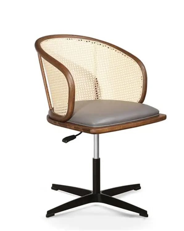 A modern desk chair featuring a bentwood frame and a woven cane backrest. The seat is upholstered in gray faux leather, and it sits on a height-adjustable black metal swivel base with five legs but no casters. — 3D model