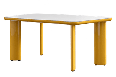 A modern console table featuring a minimalist design with a vibrant yellow finish on its base and legs. The table has a rounded rectangular top, which appears to be a lighter, possibly off-white or light gray, contrasting with the mustard yellow of the support structure. The legs consist of two thick, rectangular block supports at either end and two thinner, cylindrical legs positioned towards the center. The design emphasizes clean lines and a bold color choice, creating a contemporary aesthetic. — 3D model