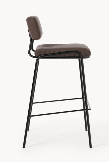 A modern bar stool featuring a sturdy black tubular metal frame supporting a padded seat and a low rectangular backrest, both upholstered in a rich brown ribbed corduroy fabric. The frame includes an integrated square footrest. — 3D model