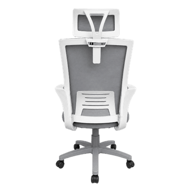 A modern ergonomic office chair featuring a grey mesh backrest, a padded light grey fabric seat, fixed white plastic armrests, and a five-star base with casters. It includes an adjustable headrest with a mesh covering. — 3D model