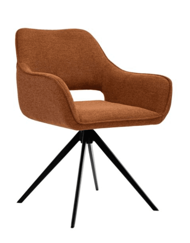 A modern armchair with a fabric upholstery and a distinctive black metal base. The chair features a curved backrest that integrates into the armrests, creating a unified shell-like form. A cutout is present in the lower back area of the seat for aesthetic and potentially functional purposes. The base consists of three splayed legs originating from a central point, providing a stable and contemporary foundation. The upholstery has a visible texture suggestive of a woven fabric. — 3D model