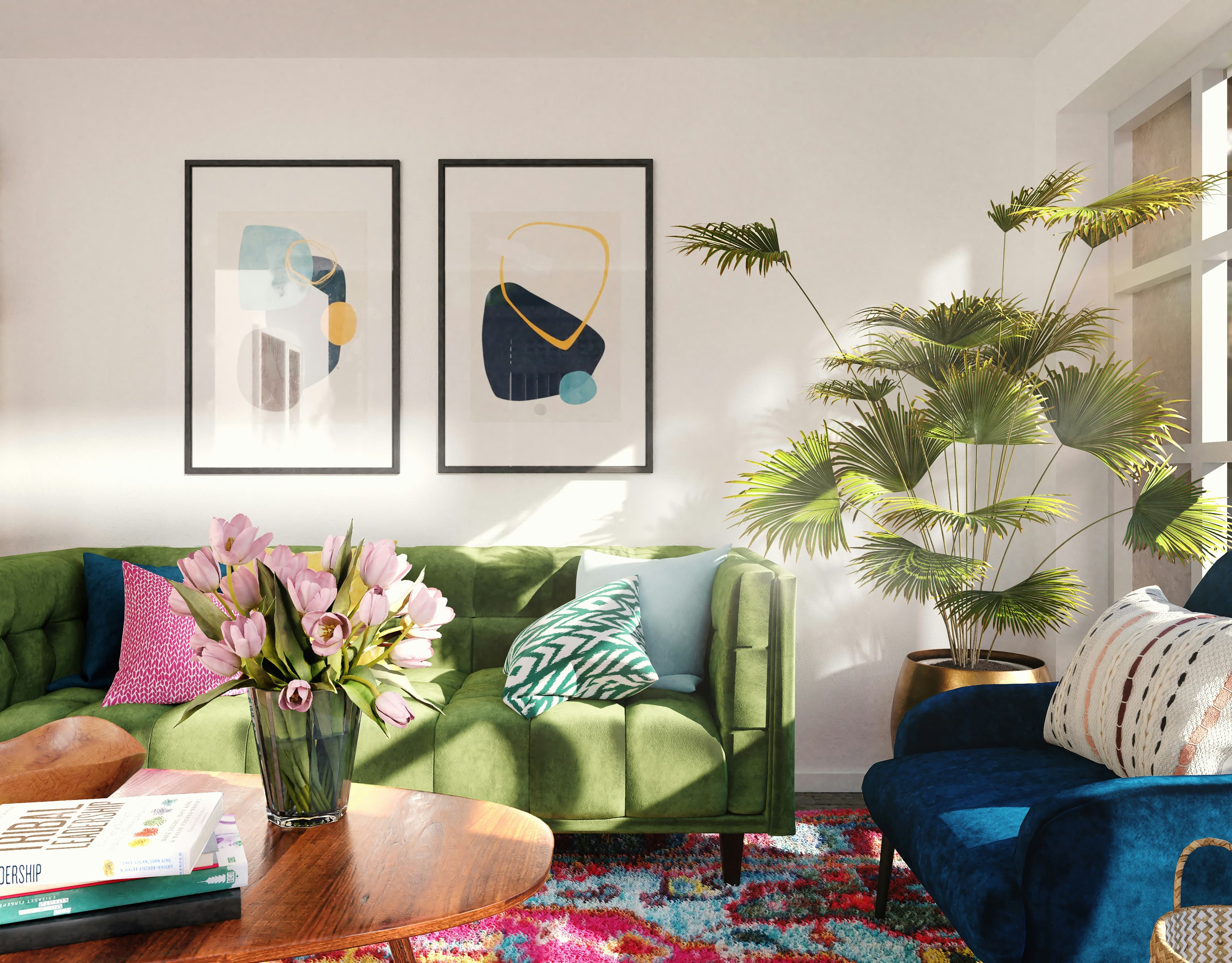 A modern green velvet sofa featuring channel tufting, straight track arms, and tapered wooden legs, presented with three contrasting throw pillows. — 3D model