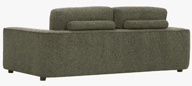 A contemporary two-seater loveseat upholstered in a textured olive green boucle-style fabric, featuring clean lines, block track arms, and a distinctive channeled seat cushion design. — 3D model
