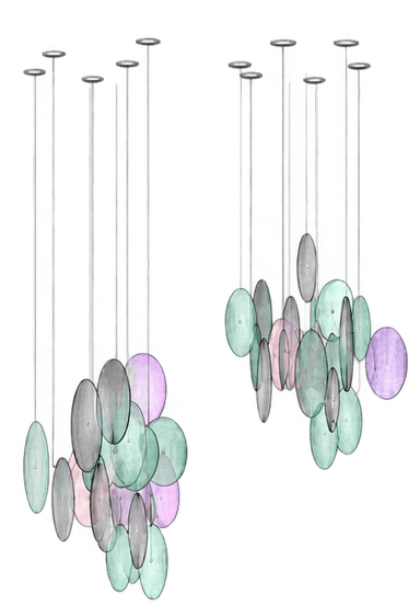 Two modern multi-pendant chandeliers featuring numerous translucent, oval-shaped glass or acrylic diffusers in pastel shades of purple, green, gray, and pink, suspended at various heights from individual slender rods. — 3D model