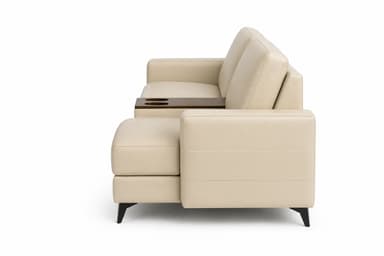 A two-seater loveseat with upholstered cushions and armrests. It features a built-in dark wood console between the seats, equipped with two cup holders. The frame is supported by four angled, dark-colored legs. — 3D model