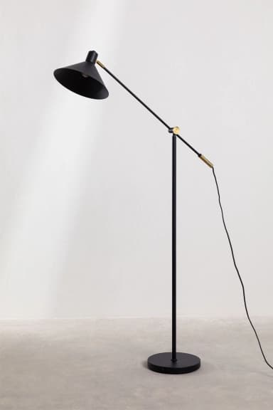 A sleek, modern floor lamp featuring a matte black finish and brass accents. It has an articulated arm for adjustable lighting direction and a conical shade. — 3D model