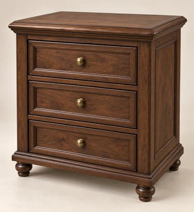 A dark cherry wood nightstand with three drawers, brass knob pulls, classic molding details, and turned bun feet, suitable for a traditional bedroom setting. — 3D model