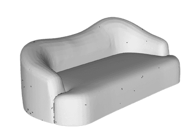 A light-colored, upholstered sofa with a curved silhouette. It features integrated armrests that flow into the backrest, creating a continuous, rounded form. The surface appears smooth and padded. Small, dark marks are visible across the surface, possibly indicating minor imperfections or textural details. — 3D model