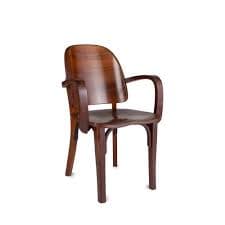 A wooden armchair with a curved backrest and armrests. The chair has a simple, yet elegant design, featuring bentwood elements. The seat is flat and appears to be made of the same wood as the frame. The legs are straight and provide a stable base. — 3D model