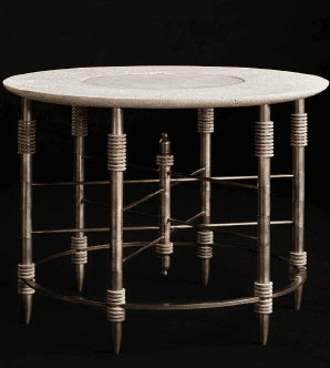 A round accent table featuring a light-colored, possibly travertine, stone top with a subtle circular inset. The base is constructed from polished brass, forming an intricate, multi-legged structure with ribbed or fluted details on the individual supports. The legs converge towards a lower, circular stretcher and are stabilized by intersecting brass rods that create a decorative pattern beneath the tabletop. The overall design suggests a blend of classic elegance with modern appeal. — 3D model