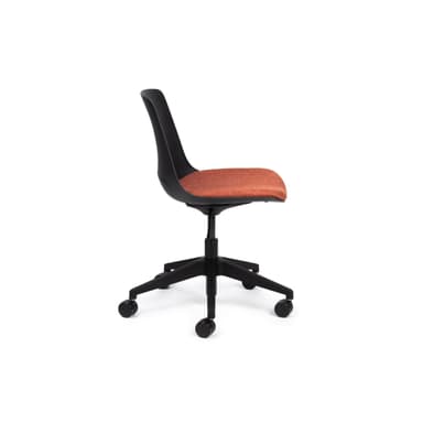An armless swivel office chair featuring a black plastic backrest and a vibrant orange upholstered fabric seat. It sits on a black five-star base with casters and includes a lever for height adjustment. — 3D model