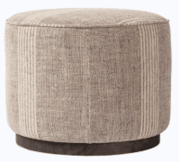 A cylindrical ottoman with a padded top and a dark wooden base. The upholstery features a striped pattern with vertical bands of varying thickness and color. — 3D model