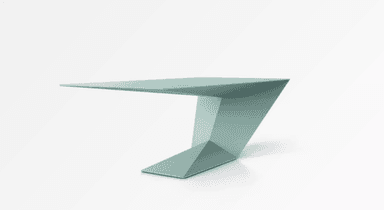 A modern desk with a striking, geometric design. The desk features a thin, cantilevered tabletop that appears to float, supported by a single, angular leg structure. The leg is constructed from folded planes creating a dynamic, sculptural form. There is a small, circular opening on the tabletop, possibly for cable management. — 3D model