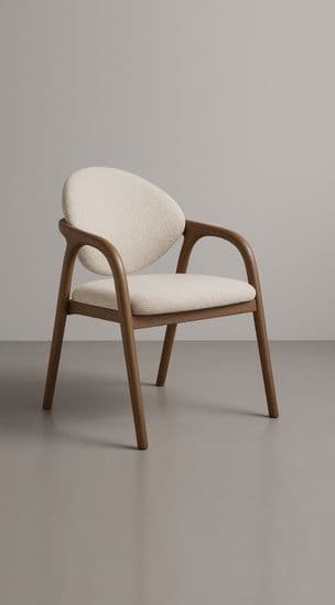 A modern armchair featuring a curved wooden frame, upholstered seat, and a rounded, separate upholstered backrest. The upholstery is a light-colored, textured fabric, likely boucle or sherpa. The wooden elements are smoothly finished with an organic, contemporary aesthetic. — 3D model