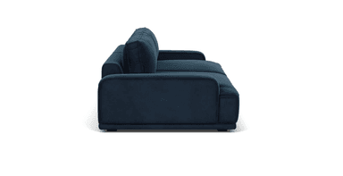 A modern, deep navy blue upholstered sofa with a low profile and plush cushions. It features clean lines, a square armrest on the left, and appears to be a modular or two-seat design, with visible seams dividing the seat and back cushions. — 3D model