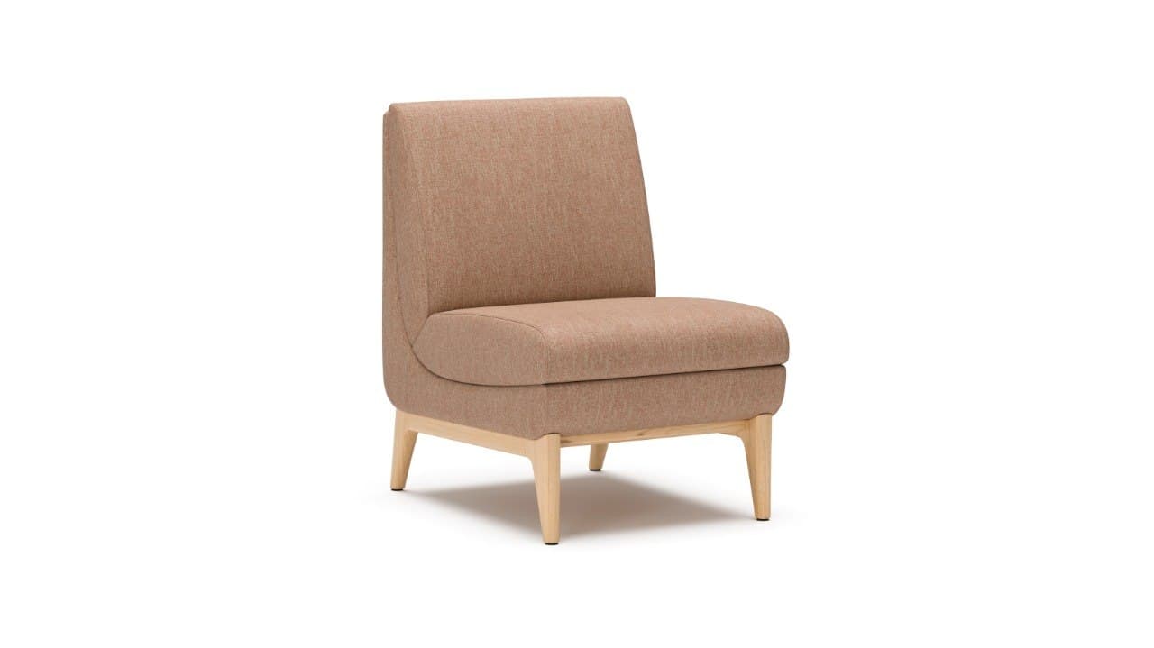 An armless upholstered chair featuring a low-profile design and an exposed wooden base with tapered legs. The upholstery is a light brown/beige woven fabric, offering a clean, minimalist aesthetic. — 3D model