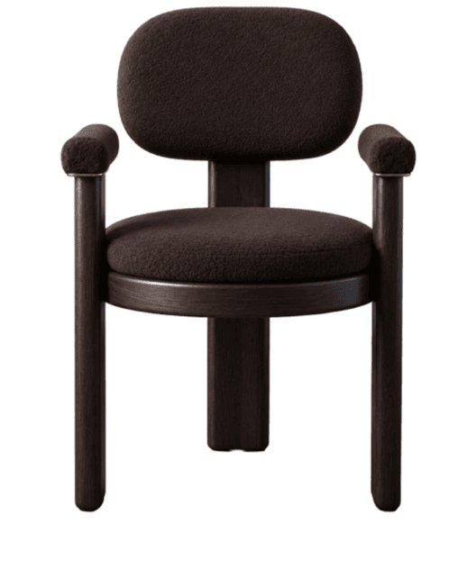 A contemporary armchair with a dark-stained wooden frame and dark brown bouclé upholstery. The chair features a rounded backrest, a circular seat, and integrated armrests, all padded with the same textured fabric. The legs are thick and cylindrical, contributing to its robust yet minimalist design. — 3D model