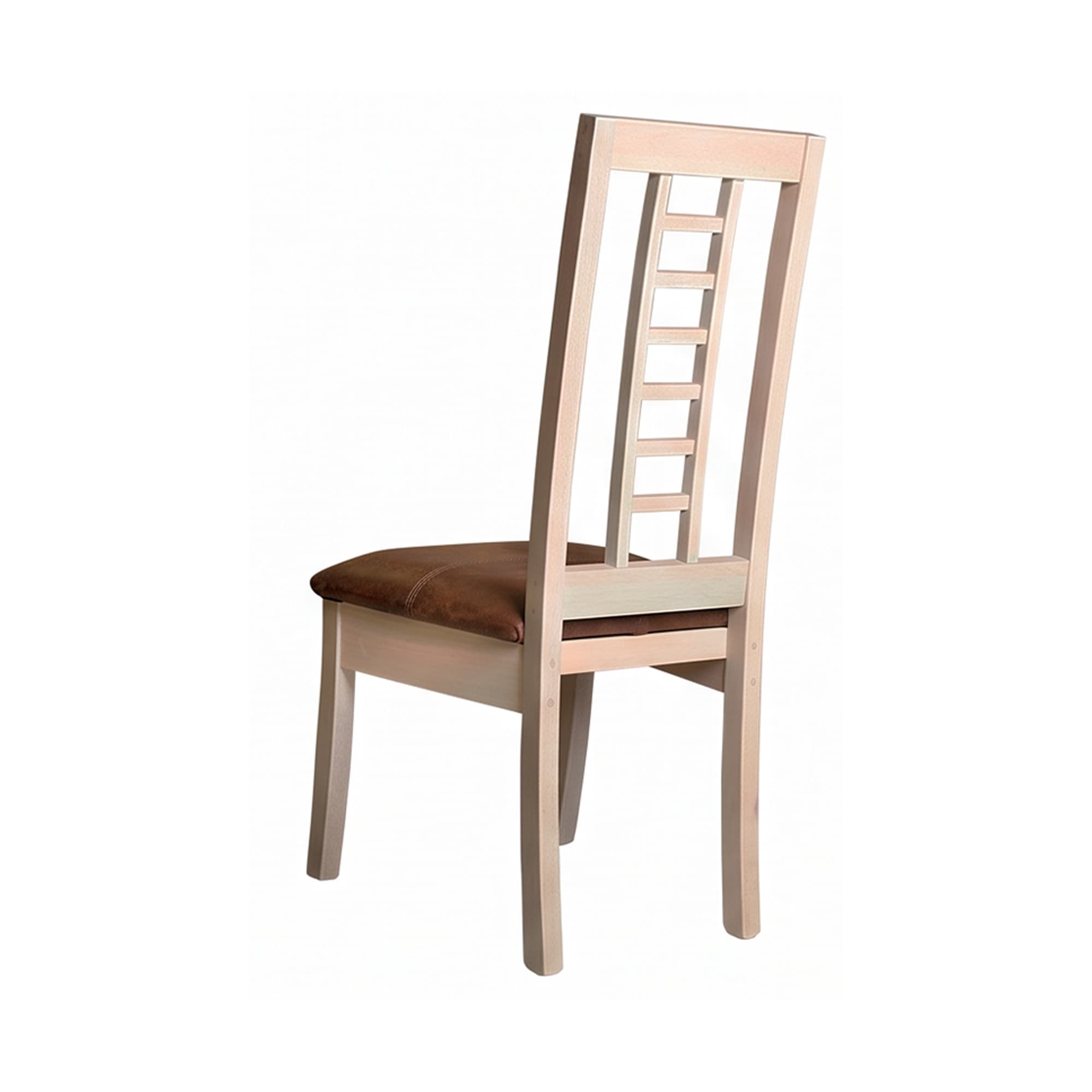 A light-toned wooden dining chair featuring a slatted backrest and a padded, brown upholstered seat. — 3D model