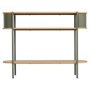 A modern two-tier shelving unit featuring oval-shaped shelves with a light wood-look finish, supported by a sage green tubular metal frame. The frame incorporates curved sage green panels at the ends of the top shelf. — 3D model