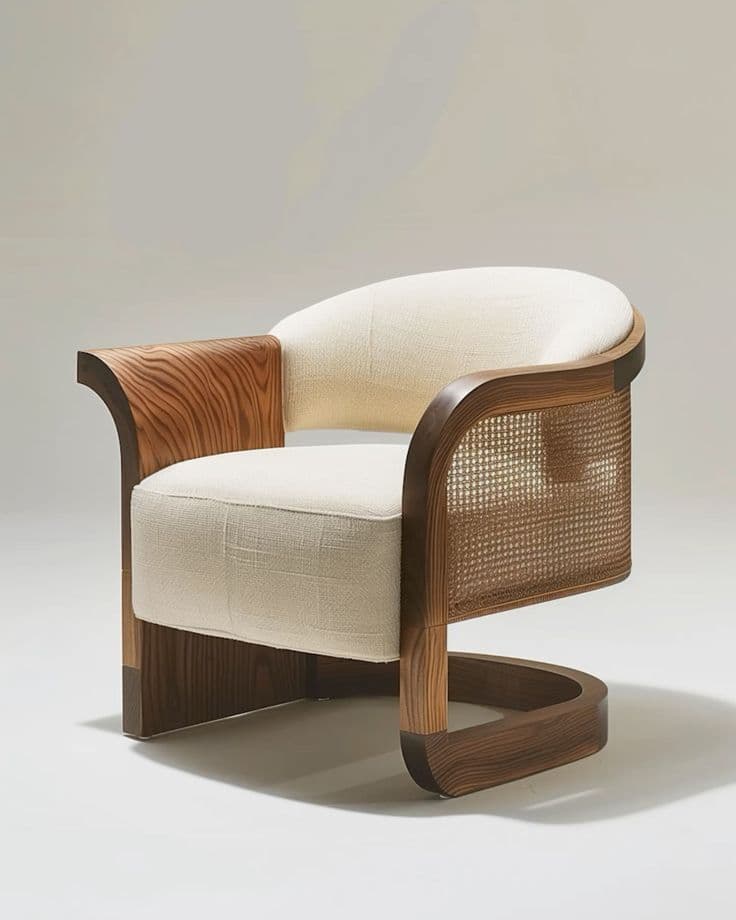 A contemporary lounge armchair featuring a curved dark wood frame with distinctive cane webbing side panels and light-toned upholstered seat and back cushions. The armchair rests on a curved sled-style base, blending natural materials with a modern design. — 3D model