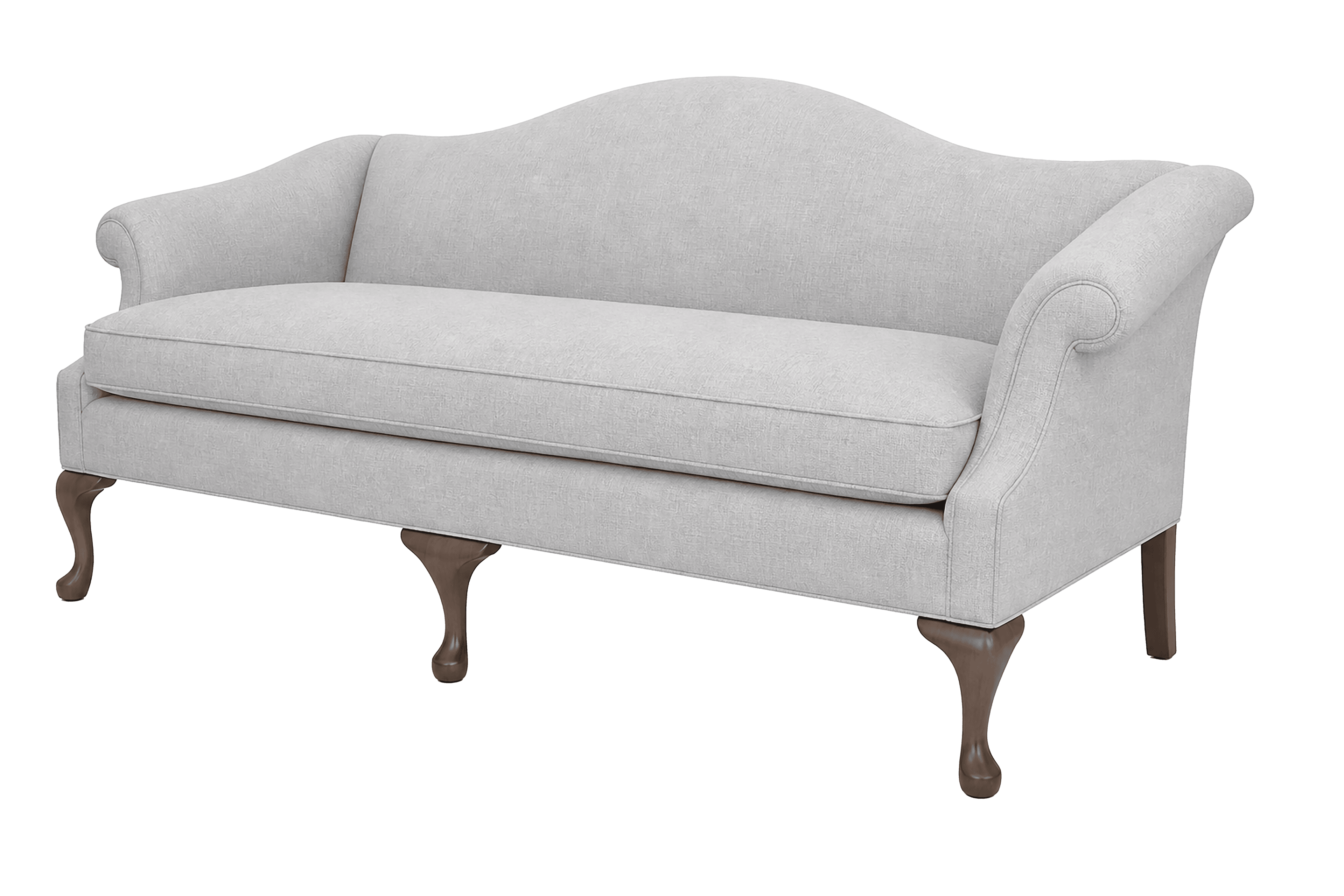 A light gray upholstered sofa with a high, curved back and rolled arms. It features a two-cushion seat and is supported by dark wooden cabriole legs. — 3D model