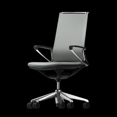 A modern ergonomic office task chair featuring a high back and upholstered seat, both in a light grey herringbone fabric. It has polished chrome/aluminum frame details, armrests with black pads, and a five-star caster base made of polished metal, all against a black background. — 3D model