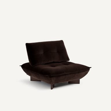 A low-profile, tufted sofa with a deep seat and a single, adjustable backrest. The sofa features a rounded front edge and is supported by dark, rectangular wooden legs. The upholstery appears to be a plush velvet fabric. — 3D model