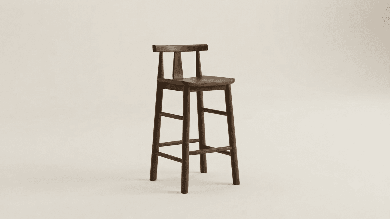 A tall, dark stained solid wood bar stool featuring a simple, low backrest and a contoured seat. The stool has four splayed legs with integrated footrests. — 3D model
