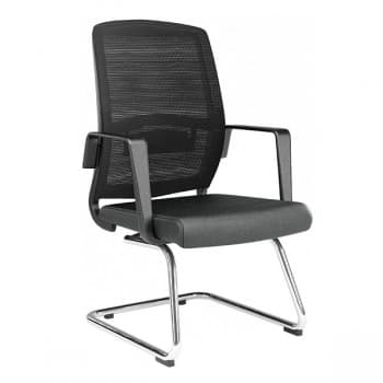 A modern black mesh back cantilever office visitor chair with an upholstered seat and a polished chrome-plated metal frame. — 3D model