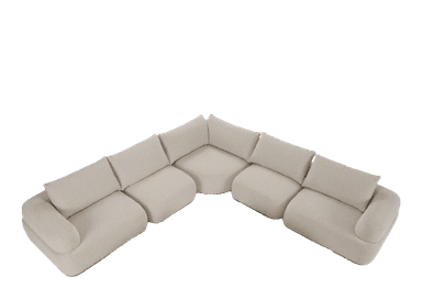 A contemporary modular sectional sofa upholstered in light-colored bouclé fabric, featuring multiple individual seating units arranged in an L-shape. The design emphasizes soft, rounded forms and includes separate back cushions and wide, low arms on the end pieces. The overall aesthetic is modern and inviting. — 3D model