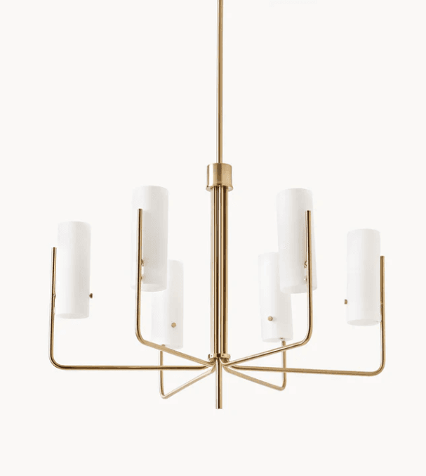 A modern chandelier with a central brass stem from which six arms extend radially. Each arm supports a cylindrical white frosted glass shade, held in place by thin brass vertical rods. The overall design is minimalist and geometric. — 3D model