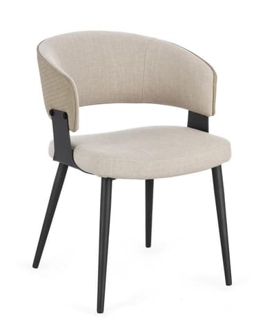 A contemporary dining chair with a curved upholstered backrest and seat. The chair features four slender, tapered legs made of dark metal. The upholstery is a light beige fabric with a subtle woven texture on the backrest and a more pronounced texture on the seat. Black metal supports connect the backrest to the frame. — 3D model