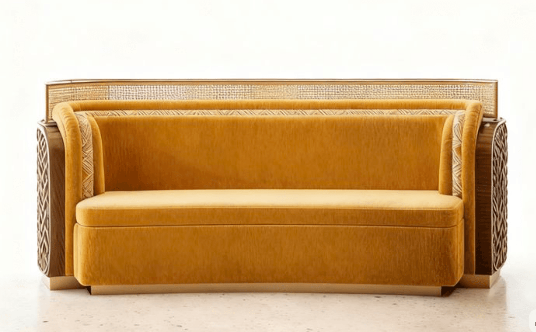 A sofa with a high back and armrests, featuring a rich mustard yellow velvet upholstery. The sides of the armrests have decorative patterned inlays and are flanked by dark wood panels with a carved or woven pattern. The backrest incorporates a section of cane webbing above the upholstered portion. The sofa has a substantial base and appears to be designed with an Art Deco influence. — 3D model