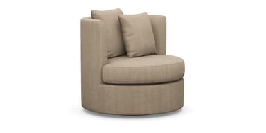 A contemporary upholstered round swivel chair in a neutral beige fabric, featuring a deep seat cushion and two back cushions for comfort. The chair has an integrated curved back and arms, and a full circular base allowing it to swivel. — 3D model