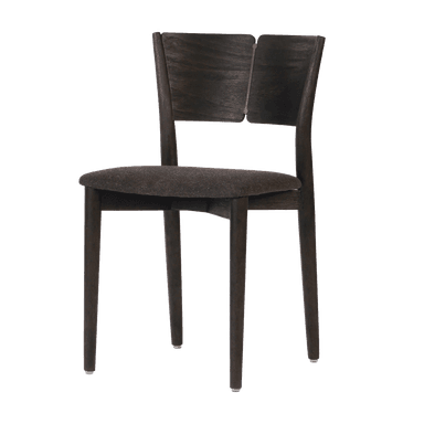 A modern dining chair featuring a dark stained wooden frame and an upholstered seat. The chair has a minimalist design with straight, slightly tapered legs and a gently curved backrest. The seat is covered in a dark, textured fabric. — 3D model
