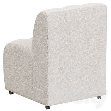 An off-white, armless modular chair upholstered in a textured bouclé fabric. The seat and backrest feature distinctive vertical channel tufting. The chair has a rounded, contemporary profile and is equipped with small casters on its base for mobility. — 3D model