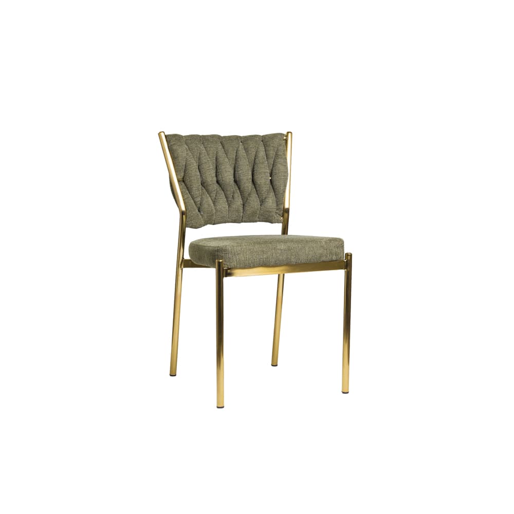 A side chair with a tufted backrest and a cushioned seat. The frame and legs are constructed from a polished metal with a gold finish. The upholstery is a textured fabric in a muted green color. — 3D model