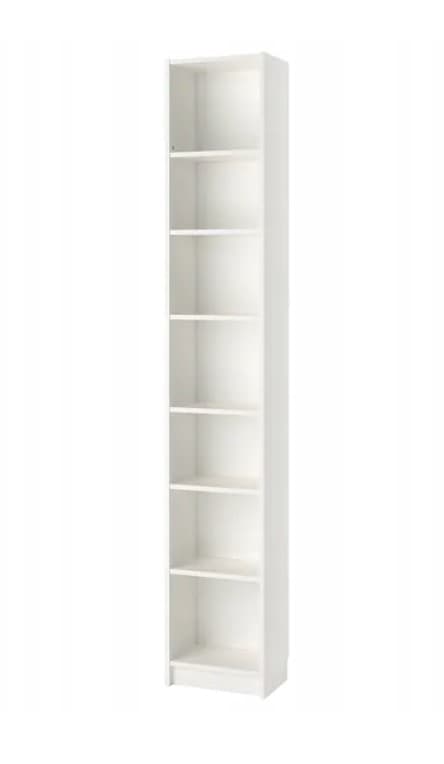A tall, slender freestanding bookshelf with a minimalist design, featuring multiple shelves in a clean white finish. It has an open-front structure, likely made from engineered wood, providing ample vertical storage. — 3D model