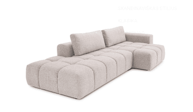A contemporary modular sectional sofa featuring a chaise lounge on the left, upholstered in a light beige or off-white bouclé-style textured fabric. The sofa has deep channel tufting on the seat and backrest cushions, creating a distinctive segmented appearance. It includes two detached back cushions, suggesting a customizable and comfortable seating arrangement. The design is low-profile and has a soft, inviting aesthetic. — 3D model