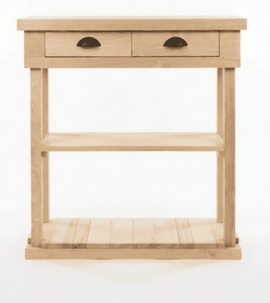 A light-toned solid wood console table featuring a rectangular top, two drawers with dark cup pulls, and two lower open shelves. The design is clean and transitional, highlighting the natural wood grain. — 3D model