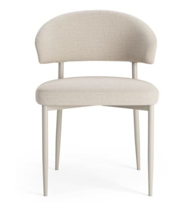 A modern dining chair featuring a curved, fully upholstered backrest and a matching upholstered seat, supported by a light-colored, possibly painted, slender frame with tapered legs. The upholstery is a textured cream or off-white fabric. — 3D model