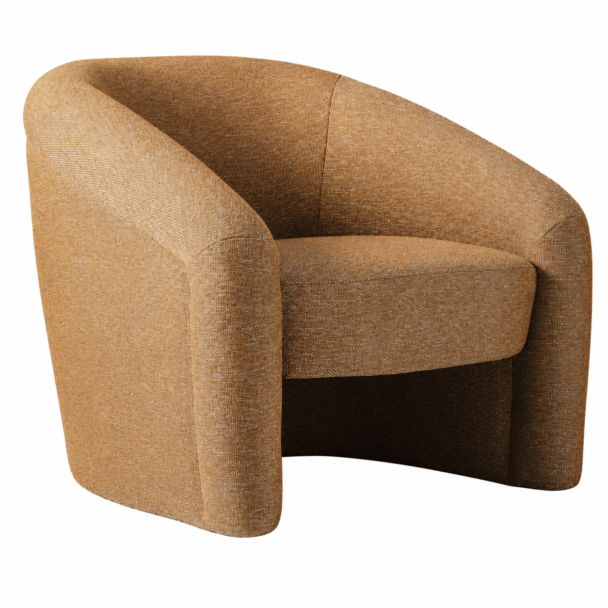 A contemporary barrel-back armchair featuring a continuous rounded back and integrated arms, fully upholstered in a textured, earthy brown fabric. The chair has a solid, low-profile base that gives it a legless or floating appearance. — 3D model