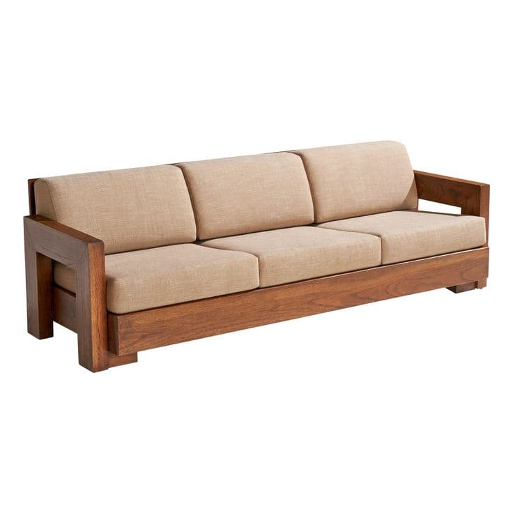 A three-seater sofa featuring a robust exposed wooden frame and loose, beige upholstered cushions for both seat and back. — 3D model