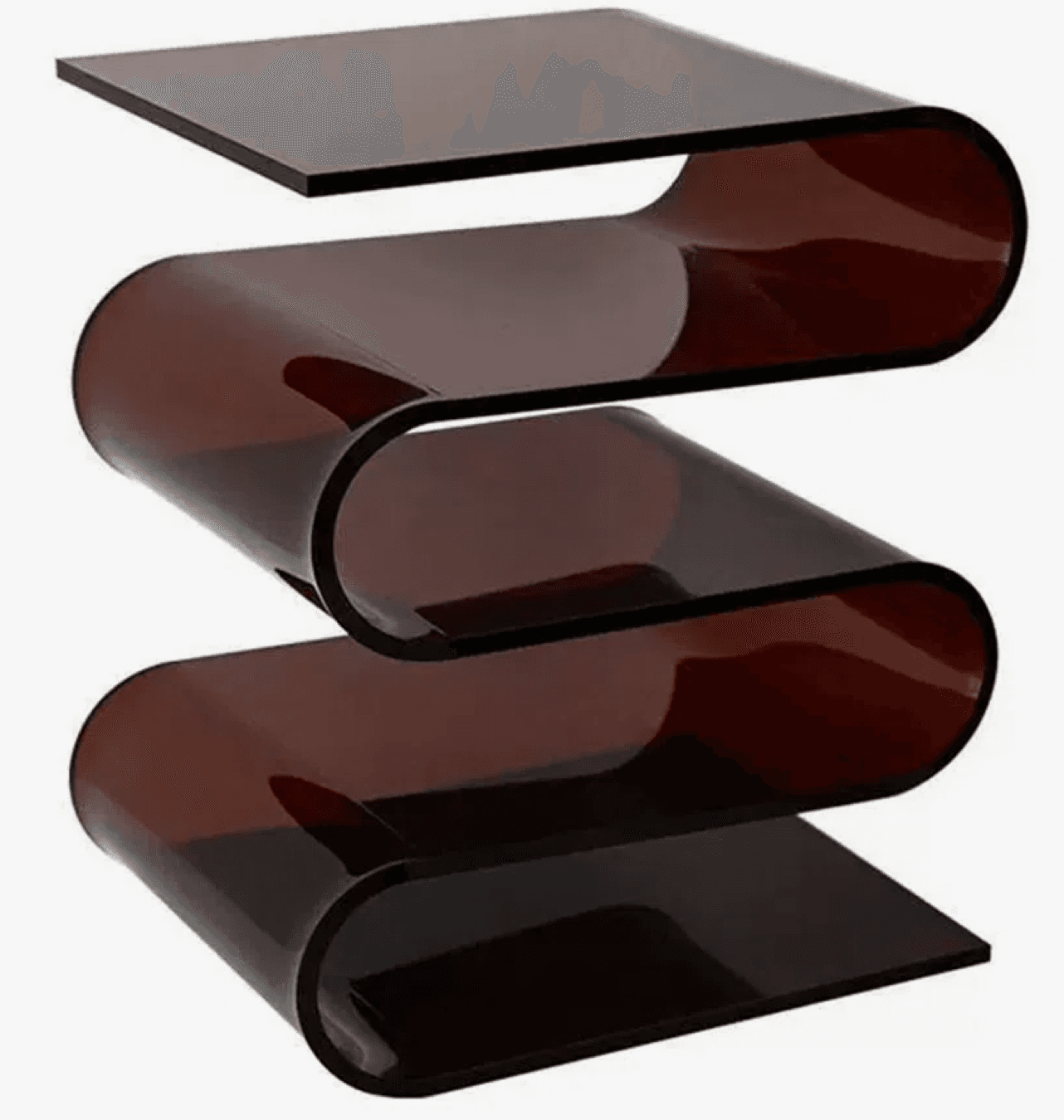 A modern shelving unit with a distinctive S-curve design, constructed from translucent, dark-tinted acrylic material. It features multiple horizontal surfaces arranged in a staggered, undulating pattern, creating open compartments for storage or display. — 3D model