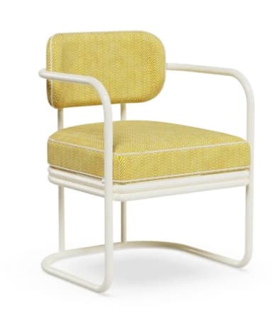 A modern armchair featuring a white tubular metal frame and yellow herringbone fabric upholstered seat and back cushions. — 3D model