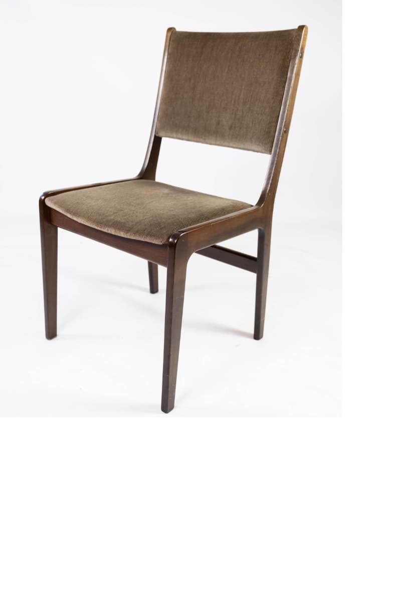 A mid-century modern dining chair featuring a dark stained wooden frame and upholstered seat and back in an olive-brown ribbed fabric. — 3D model
